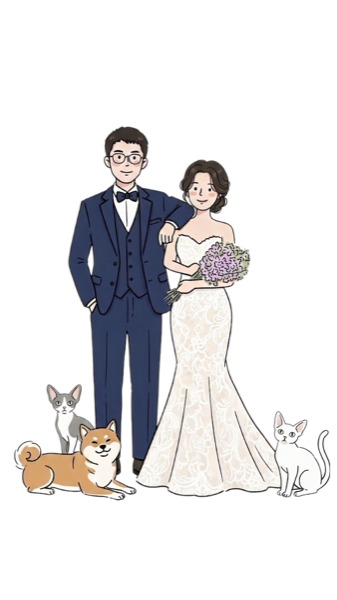 Hand-drawn illustration of Haowei and Hanzhi with their shiba inu and two cats